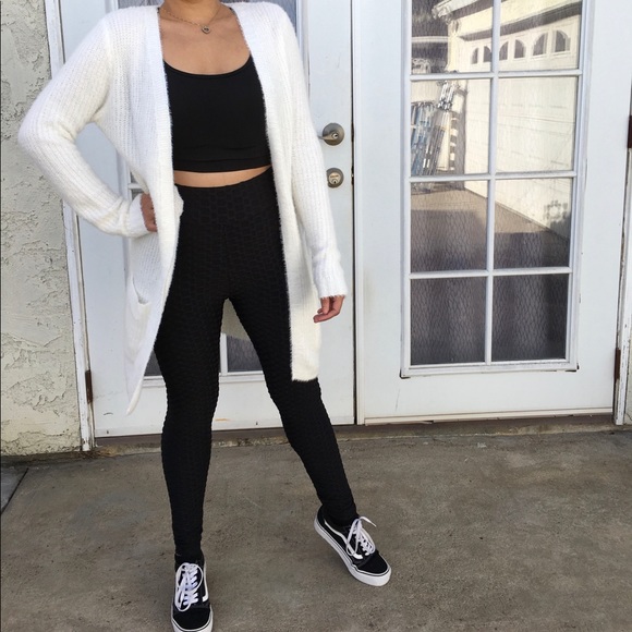 Sweaters - Fuzzy Cardigan Sweater Knitted Slim Fit Open Front Long Sleeve White Warm & Cozy